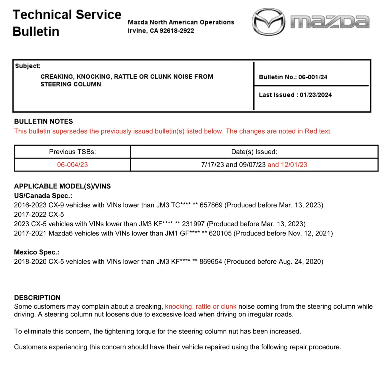 TSB Creaking, Knocking, Rattling, Clunk Noise from Steering Column (06